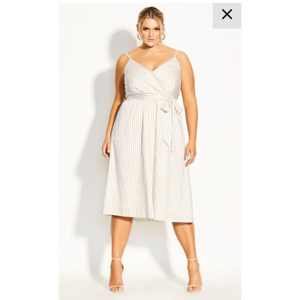City Chic White and Gold Pinstripe Tie Waist Midi Dress